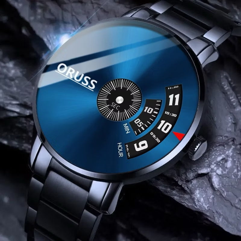 ￼[with Box] ORUSS Original Stainless Steel/Leather Luxury Fashion Unique Watch Waterproof Black Watch Men's Luminous Korean Version Quartz Swiss Watch