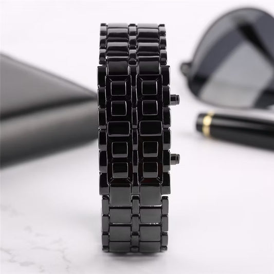 Fashion Black Full Metal Digital Lava Wrist Watch  Men Red/Blue LED Display Watches