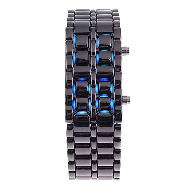 Fashion Black Full Metal Digital Lava Wrist Watch  Men Red/Blue LED Display Watches