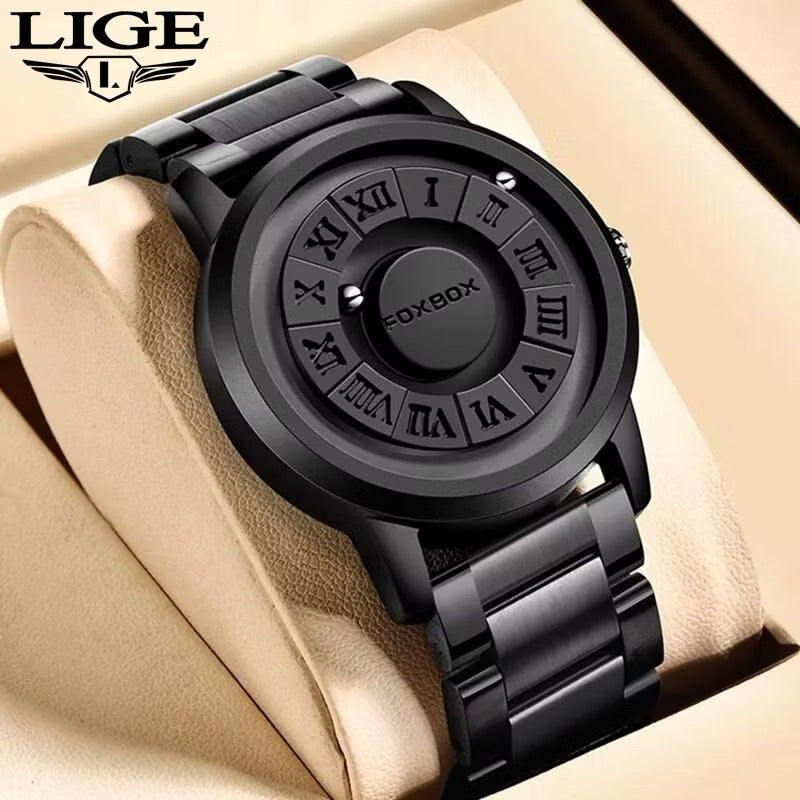 ￼LIGE x FOXBOX Jam Tangan Lelaki Waterproof Watch Men Stainless Steel Scrolling Beads Quartz Magnetic Force Wristwatch