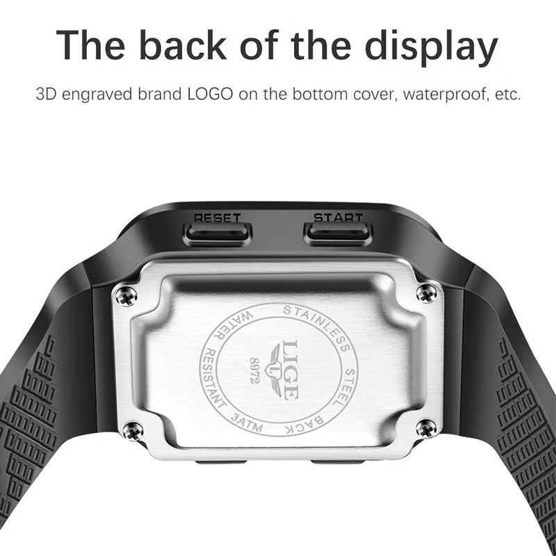 ￼[Ready Stock] LIGE Jam Tangan Lelaki Creative Square Dual Display Watch Waterproof Chronograph LED Digital Quartz Watch Men