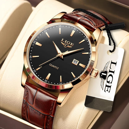 LIGE Jam Tangan Lelaki Original Watch Men Waterproof Analog Leather Luminous Quartz Date Casual Wristwatch