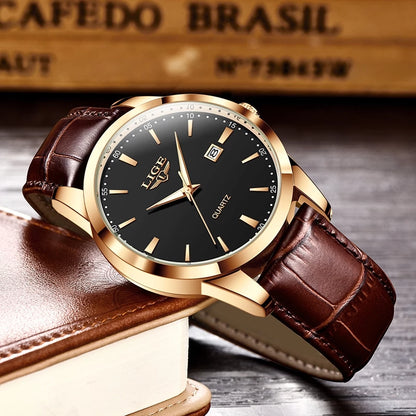 LIGE Jam Tangan Lelaki Original Watch Men Waterproof Analog Leather Luminous Quartz Date Casual Wristwatch