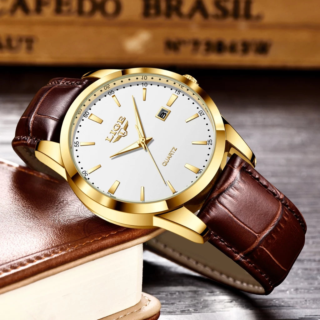 LIGE Jam Tangan Lelaki Original Watch Men Waterproof Analog Leather Luminous Quartz Date Casual Wristwatch