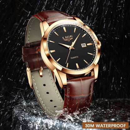 LIGE Jam Tangan Lelaki Original Watch Men Waterproof Analog Leather Luminous Quartz Date Casual Wristwatch