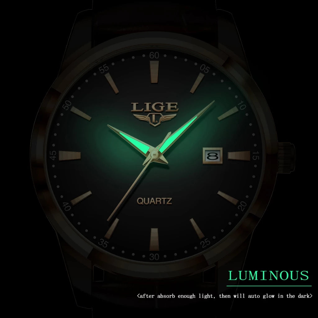 LIGE Jam Tangan Lelaki Original Watch Men Waterproof Analog Leather Luminous Quartz Date Casual Wristwatch