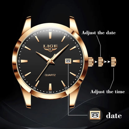 LIGE Jam Tangan Lelaki Original Watch Men Waterproof Analog Leather Luminous Quartz Date Casual Wristwatch