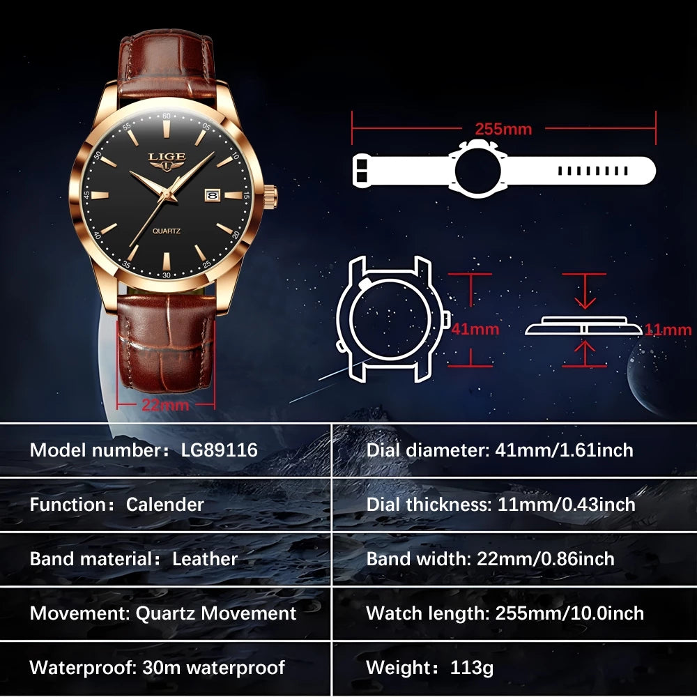 LIGE Jam Tangan Lelaki Original Watch Men Waterproof Analog Leather Luminous Quartz Date Casual Wristwatch