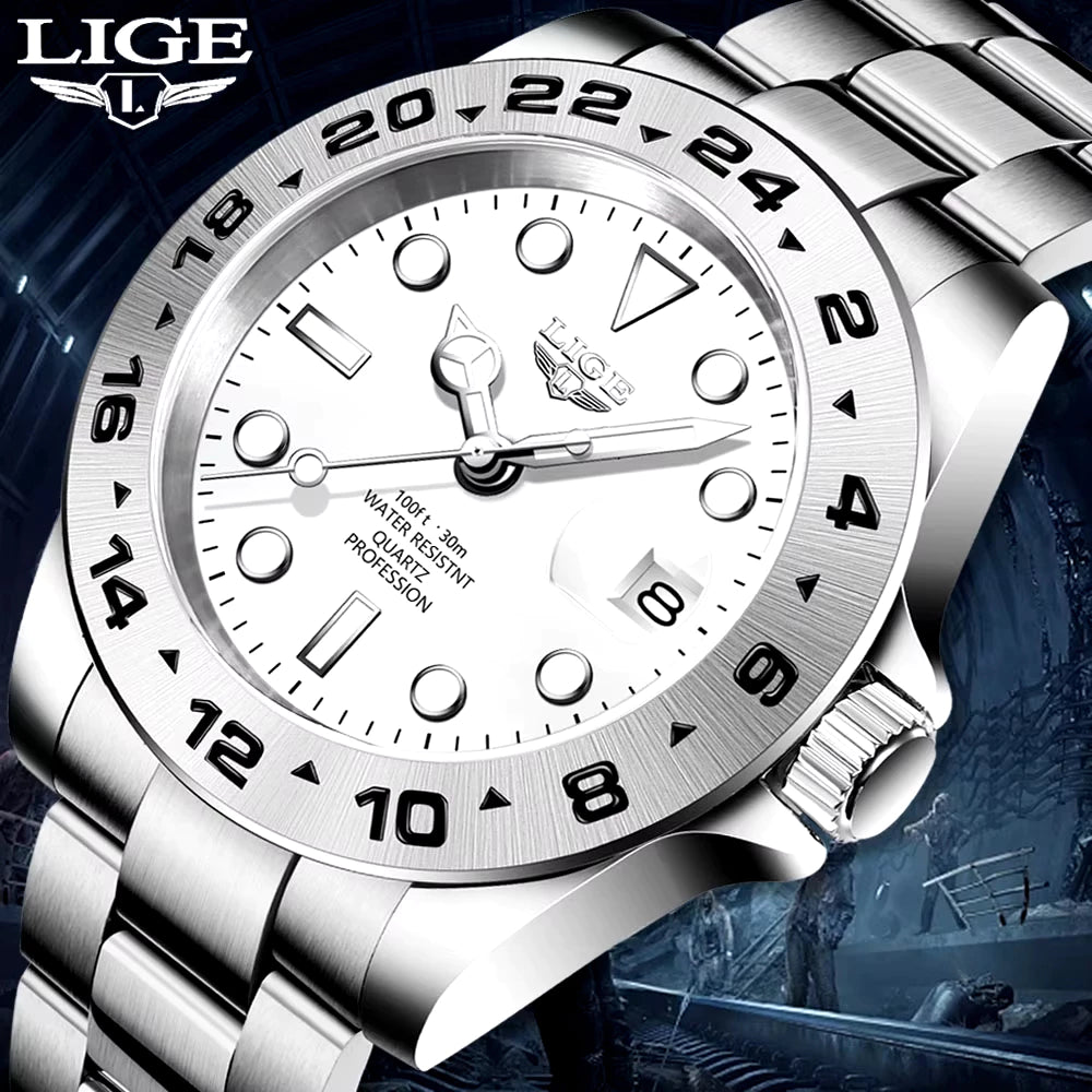 LIGE Watch Men Waterproof Stainless Steel Luxury Calendar Luminous Quartz Business Watches