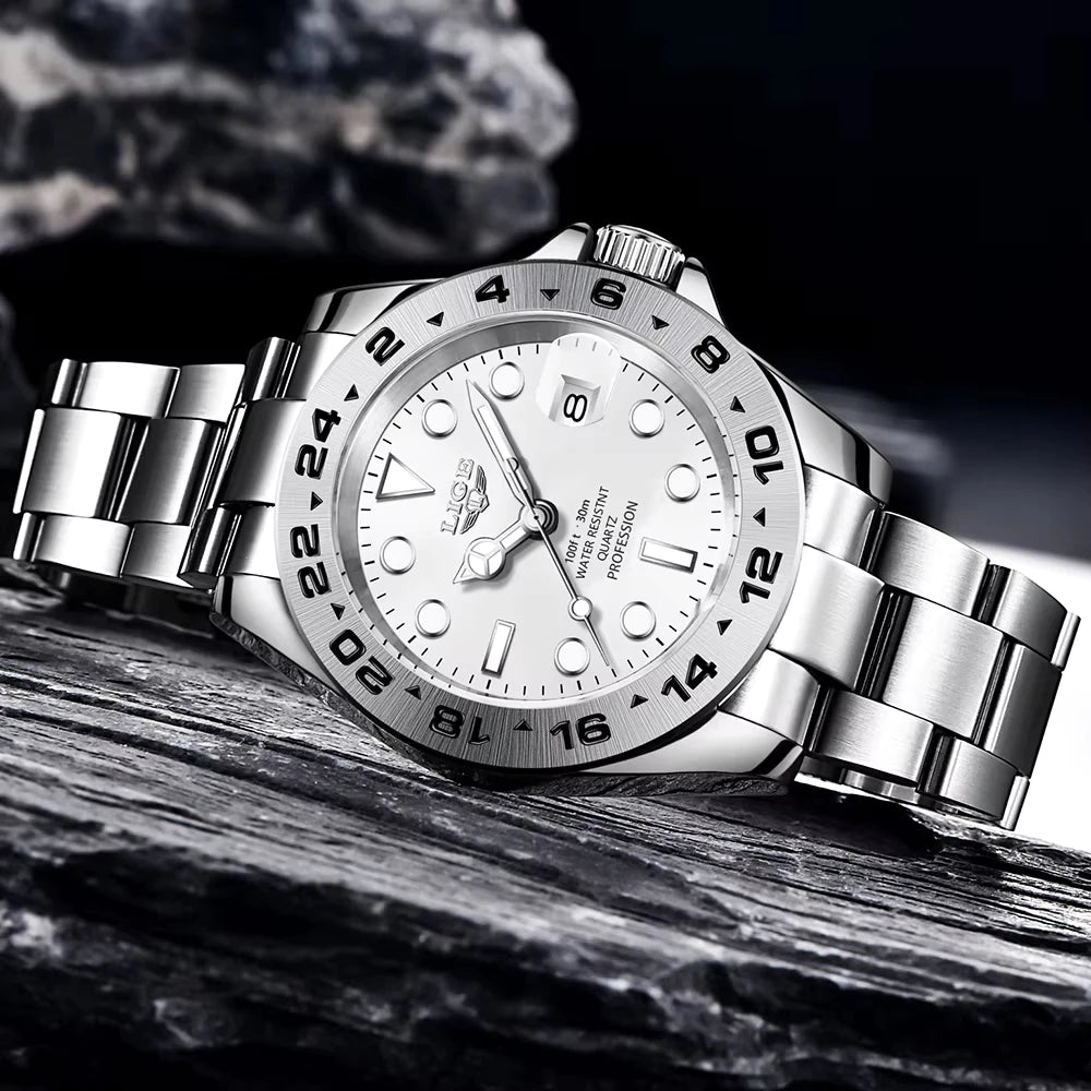 LIGE Watch Men Waterproof Stainless Steel Luxury Calendar Luminous Quartz Business Watches