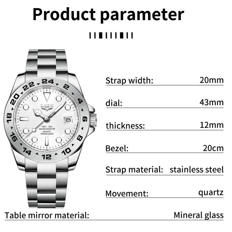 LIGE Watch Men Waterproof Stainless Steel Luxury Calendar Luminous Quartz Business Watches