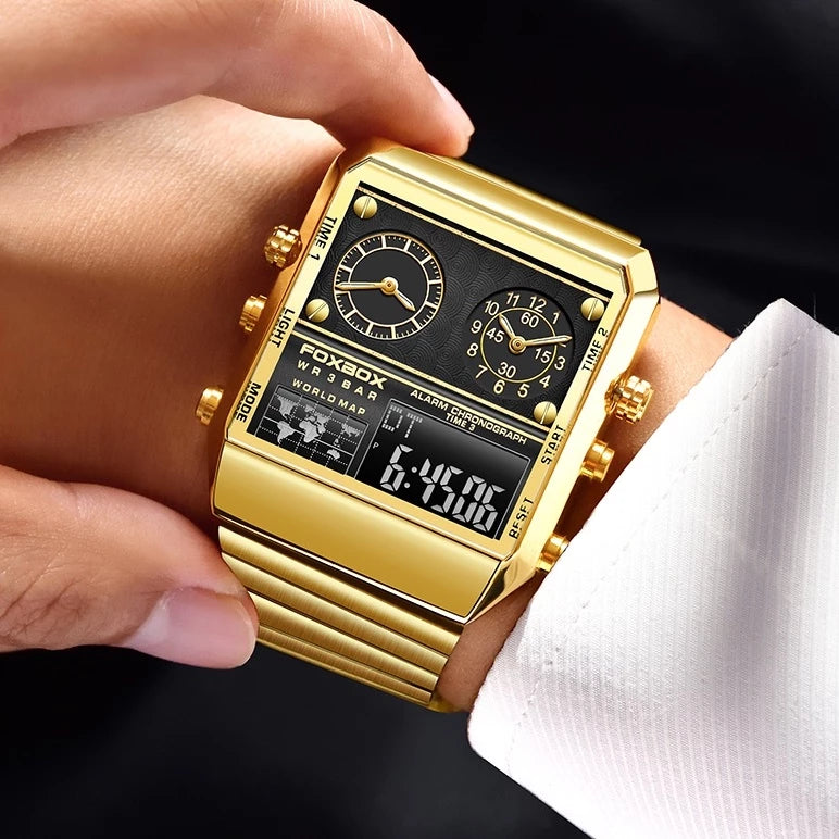 LIGE Jam Tangan Lelaki Top Brand Luxury Men's Gold Stainless Steel Waterproof Watch Men's Dual Display Quartz Chronograph