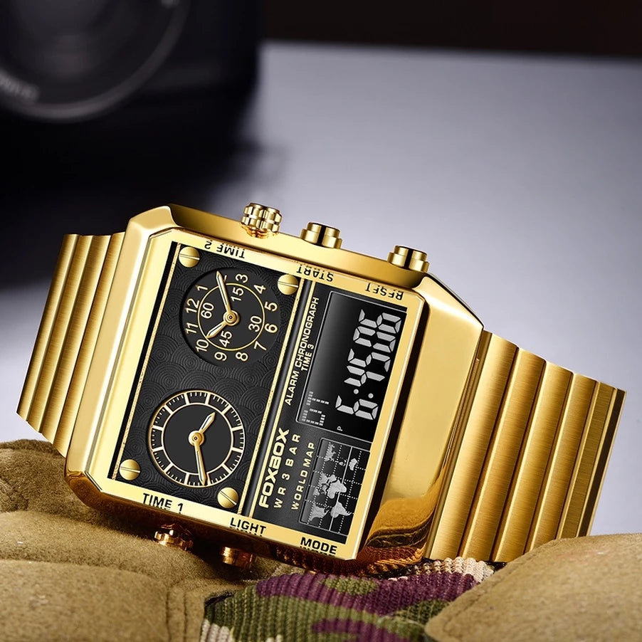 LIGE Jam Tangan Lelaki Top Brand Luxury Men's Gold Stainless Steel Waterproof Watch Men's Dual Display Quartz Chronograph