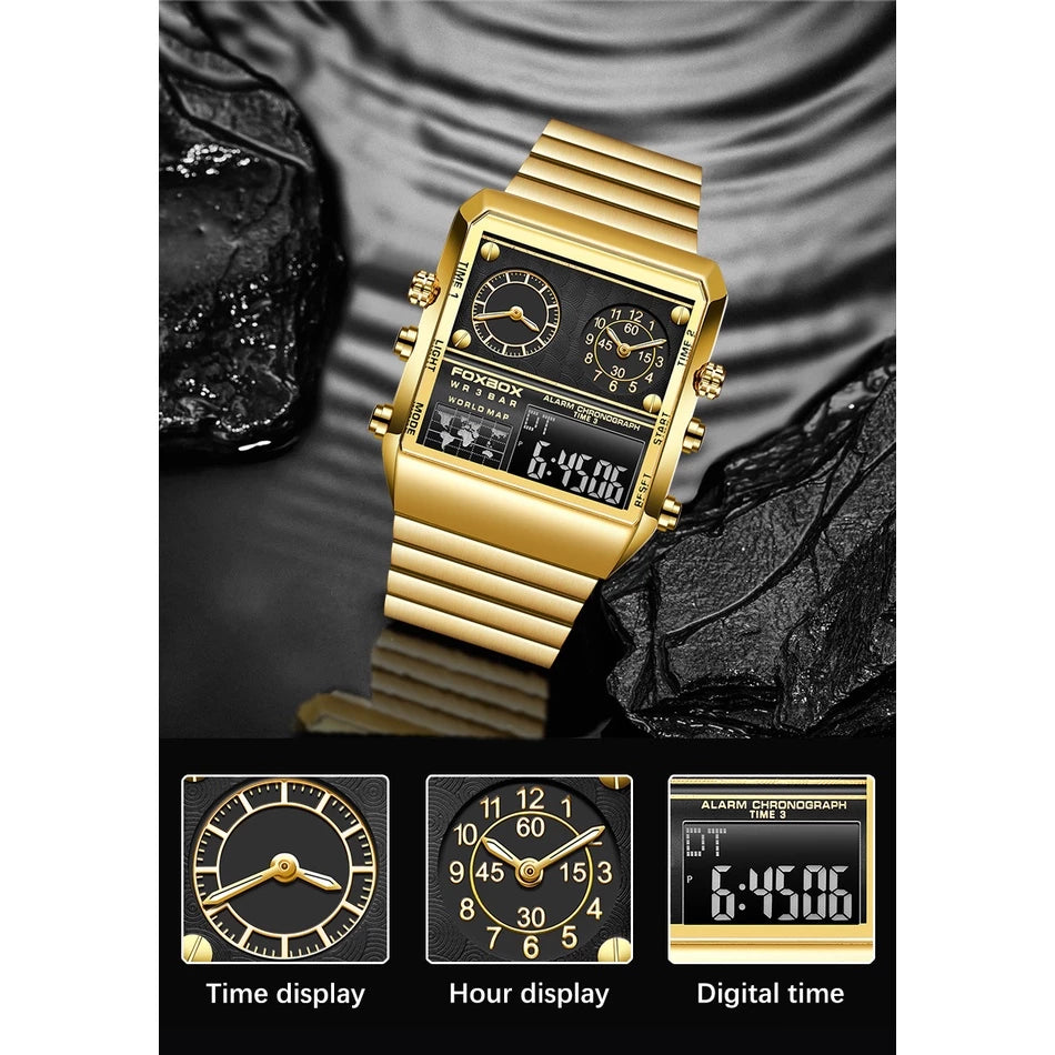 LIGE Jam Tangan Lelaki Top Brand Luxury Men's Gold Stainless Steel Waterproof Watch Men's Dual Display Quartz Chronograph