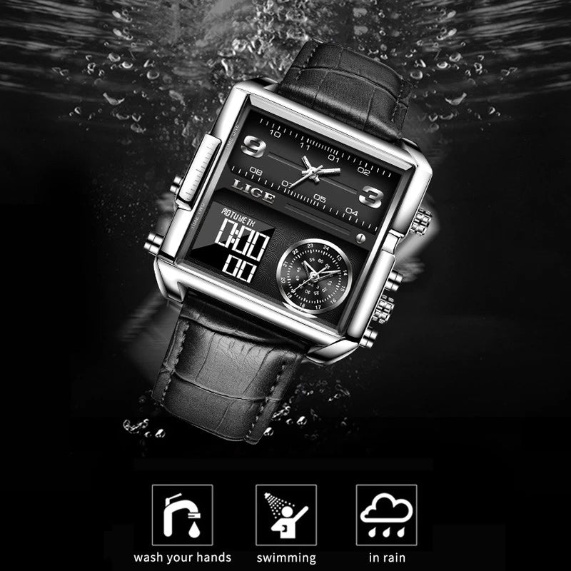 LIGE Jam tangan lelaki Men's Watch LIGE Fashion Business Leather Waterproof Digital Clock