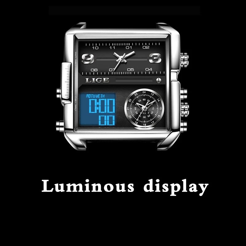 LIGE Jam tangan lelaki Men's Watch LIGE Fashion Business Leather Waterproof Digital Clock